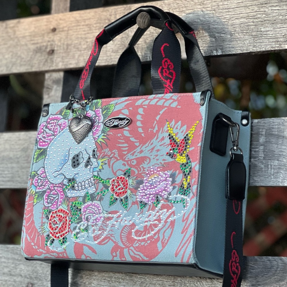 Ed Hardy Denim Bling Crossbody Tote Bag NWT